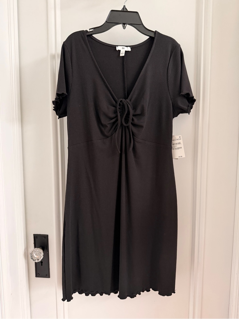 Nordstrom BP Black Ribbed Tie-Front Short Sleeve Dress